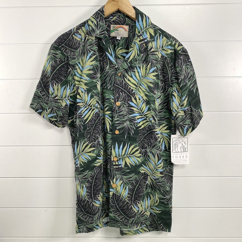 Paradise Found Hawaiian Shirt Mens XS Green Blue‎ Leaf Print Rayon Made Hawaii